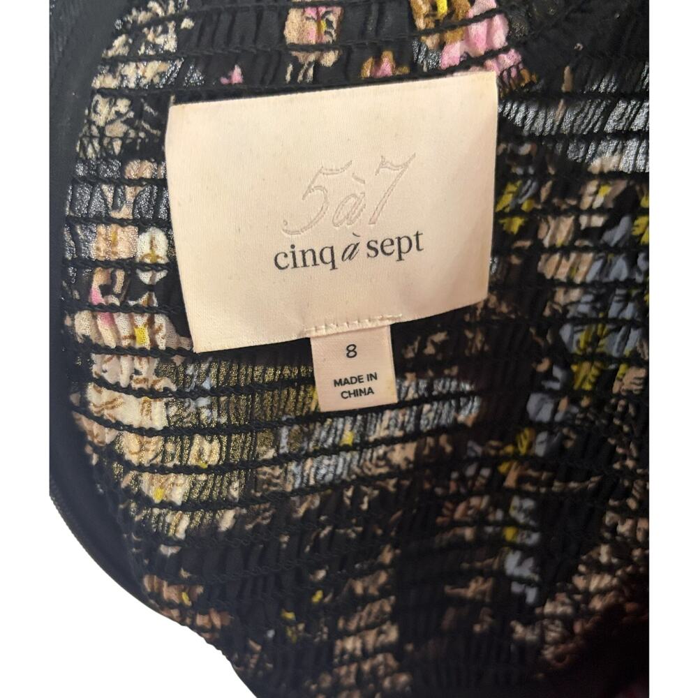 Cinq à Sept Black Floral Smocked Mini Dress Size 8 Romantic Ruffle Mock Neck - Picture 9 of 10